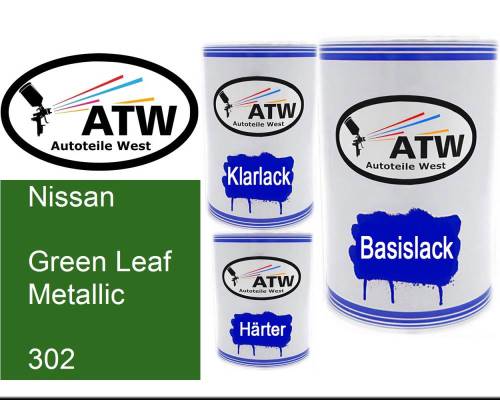 Nissan, Green Leaf Metallic, 302: 500ml Lackdose + 500ml Klarlack + 250ml Härter - Set, von ATW Autoteile West.